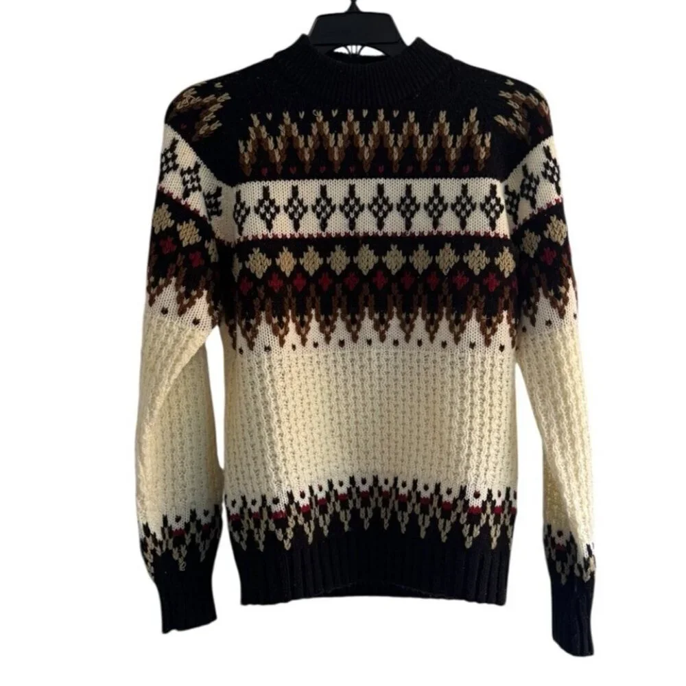 Vintage The BROADWAY Men's Sz M / L Brown Cream Black Pullover Acrylic Sweater